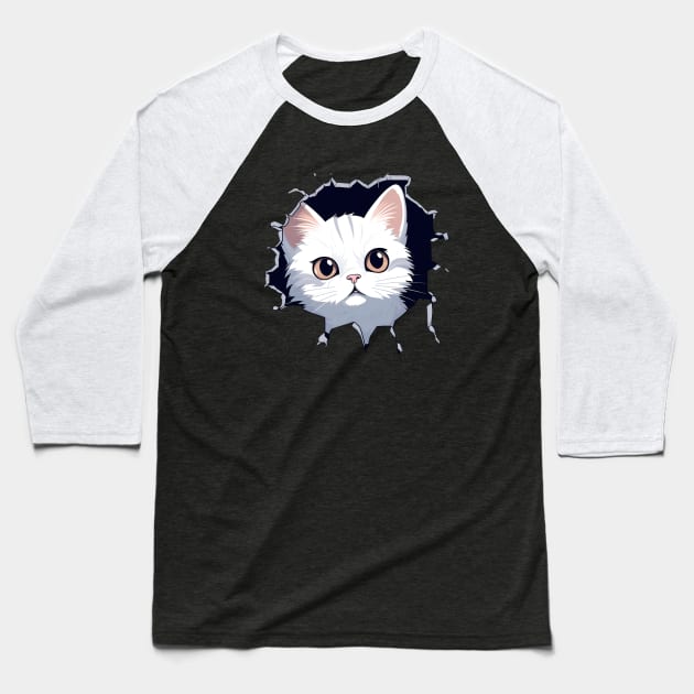 Cute Little White Cat in a Wall Baseball T-Shirt by Shinzomaru 